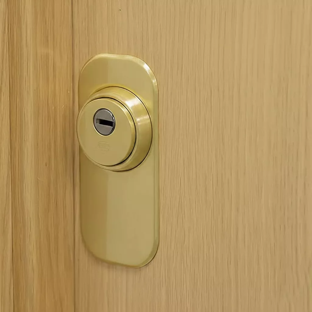 Escudo protector de cerradura instalado en una puerta